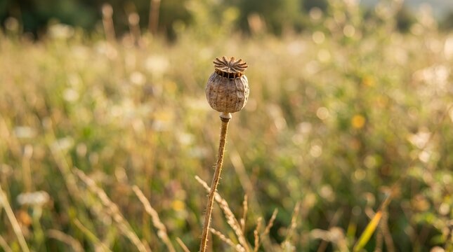 Single Poppy Seed Head in a Sunlit Meadow.