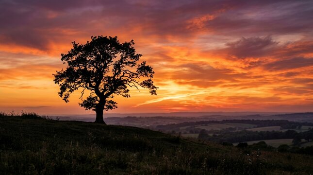 Solitary Tree Silhouette Against Dramatic Sunset Sky Over Rolling Hills.