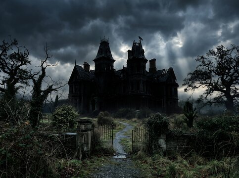 Spooky Haunted Mansion Silhouette Against Dramatic Stormy Sky.
