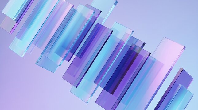 Holographic glass panel array with purple with rectangular glass panels various shades purple blue collection transparent rectangular arranged staggered formation background technology