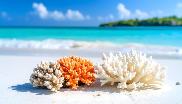 White and orange coral reef specimens lying on tropical white sand beach near turquoise sea