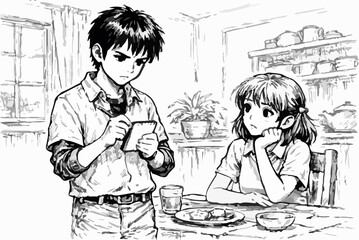 The young man writes a note while talking with a young woman