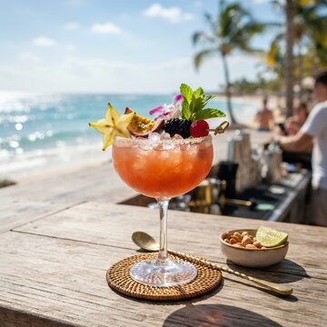 Tropical Cocktail on Beach Bar with Ocean View.
