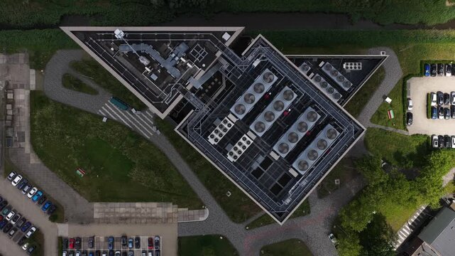 Aerial view of data center buildings at Amsterdam Science Park, showcasing digital infrastructure for cloud computing, colocation, big data, machine learning and AI services.