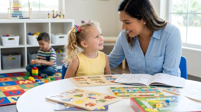 A Dedicated Teacher Helping a Young Girl with Educational Puzzles in a Bright Classroom