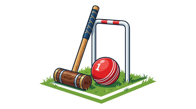 Vector illustration of a croquet game set with a wooden mallet, red ball with number one, metal hoop, and green grass