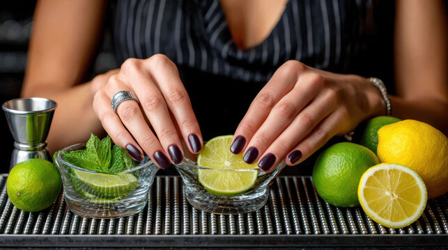 Barista hands placing lime slices and mint in glass on bar mat for cocktail garnish and drink preparation background use