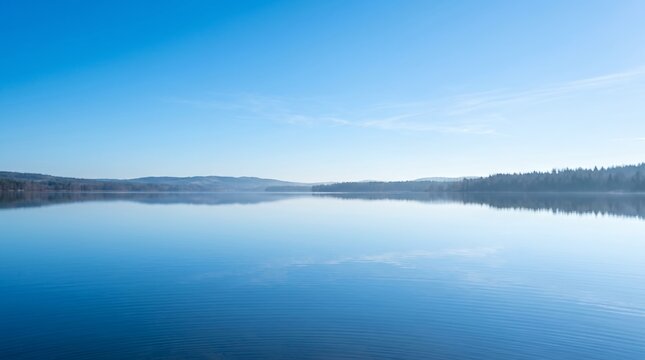 Vast Calm Lake Reflecting Clear Blue Sky Horizon.