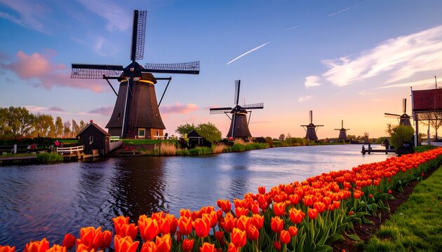 Traditional Dutch windmills along canal with vibrant orange tulip flowers at sunset landscape