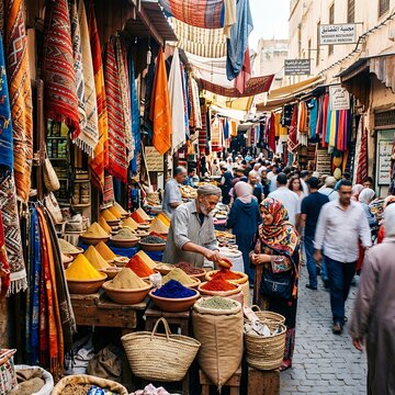 Vibrant Moroccan Souk with Colorful Spices and Textiles.