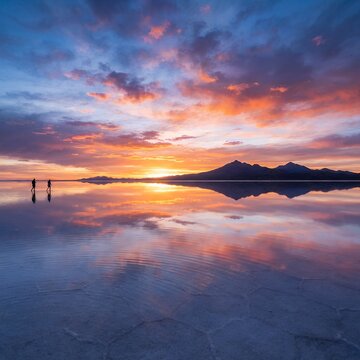 Vibrant Sunset Reflecting on a Salty Expanse with Silhouetted Figures.