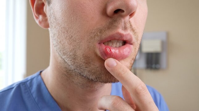 Close-up of a Young Man's Lower Lip with Canker Sore, Highlighting Oral Health Discomfort