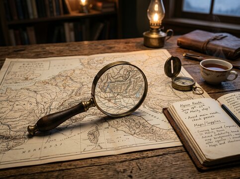 Vintage map and magnifying glass on wooden desk with open book and compass.