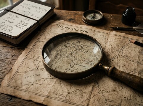 Vintage map and magnifying glass on a wooden table with notebook and compass.