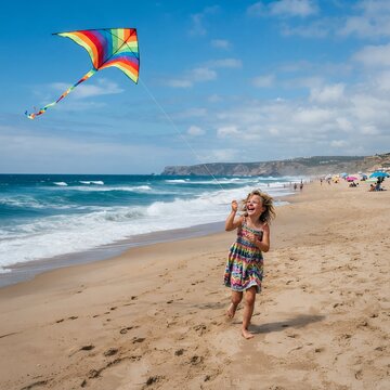 Young girl flying a colorful kite on a sunny beach with ocean waves.