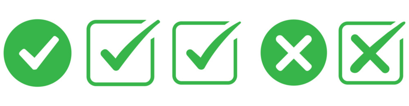 Hand drawn check and cross icons set in circle and square outline checklist marks vector illustration. Check tick mark icon set. Cross box x check mark checkbox v list vector draw hand drawn sketch