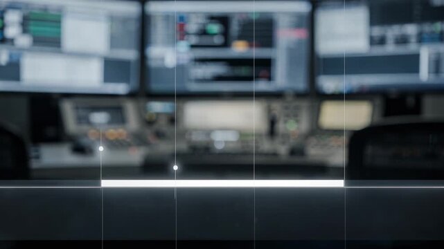 Shot of a racing highlight clipping application marking significant moments on a timeline with sharp clarity set against a diffused background of monitors and control panels.