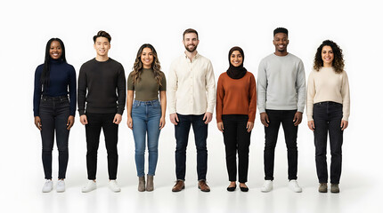 Obraz premium Diverse group of eight people standing together in casual clothing diversity women