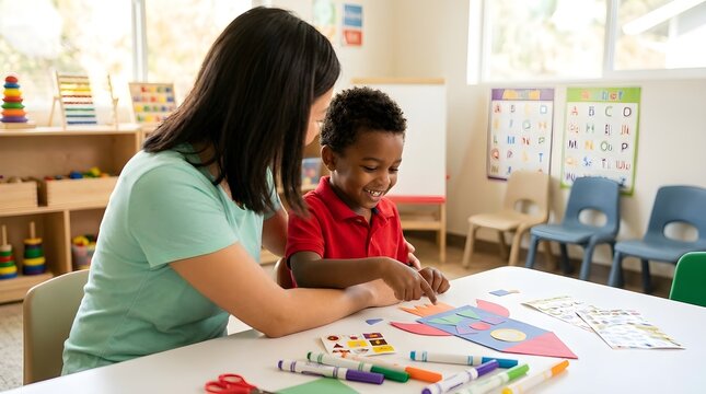 Teacher encouraging boy in classroom during craft project at preschool activity