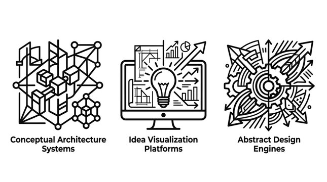 Conceptual architecture systems idea visualization platforms and abstract design engines outline icons with architecture visualization planning development innovation creative strategy business