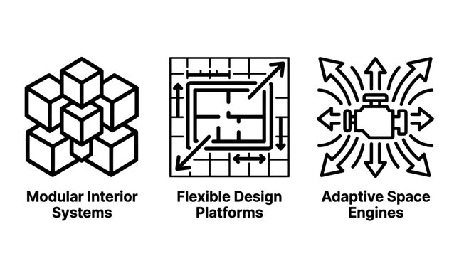 Modular interior systems and adaptive design technology icons with interior adaptive platforms architecture flexibility structure technology planning engineering innovation modelling