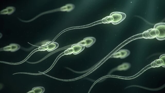 Microscopic medical illustration of human sperm cells swimming toward fertilization