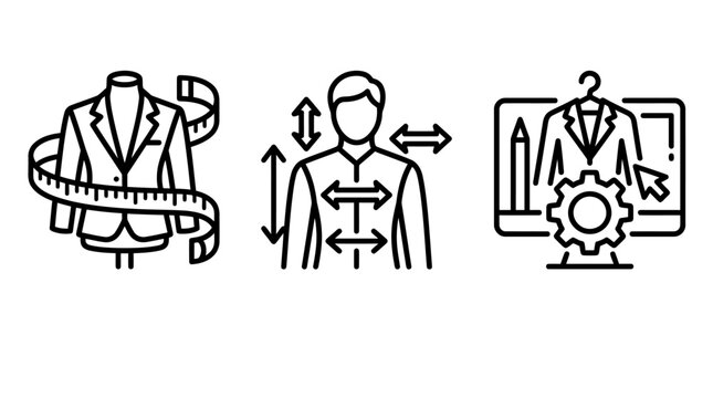Custom clothing fitting and tailoring process outline icons with tailoring clothing measurement adjustment computer software production mannequin creation technology development workshop