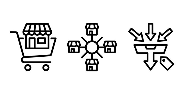 Retail chain and customer shopping process line icons with shopping commerce business distribution analysis selection ecommerce consumer purchase franchise management strategy marketing