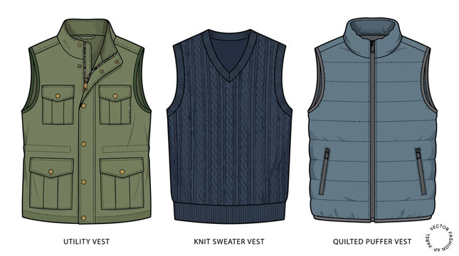 Three different styles of vests displayed side by side, including a utility vest, a knit sweater vest, and a quilted puffer vest.