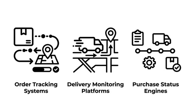 Business logistics icon set showing order tracking delivery monitoring and purchase status logistics tracking delivery shipping monitoring purchase platform business management commerce