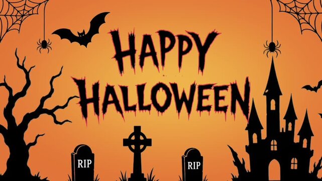 Happy Halloween Spooky Landscape Animation with Haunted Castle, Bats and Graveyard on Orange Background