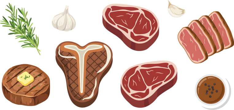 raw meat cuts steak and garlic vector illustration set