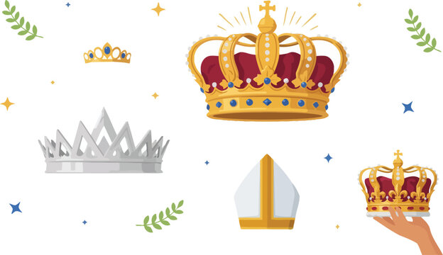 Golden royal crown and pope hat symbols vector illustration set