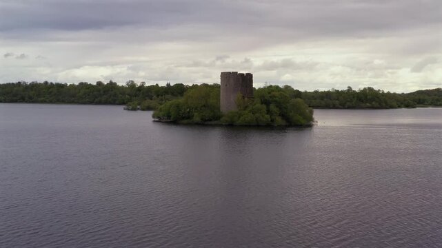 Aerial dolly of Cloughoughter Castle, County Cavan Ireland