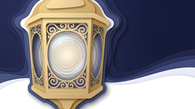 Golden paper cut lantern with intricate design on a layered blue and white background for festive occasions.