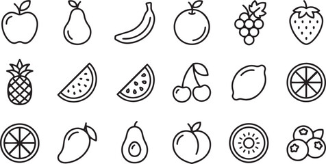 Minimalist fruit line icons set featuring apple pear banana orange grapes strawberry and pineapple. © Masum