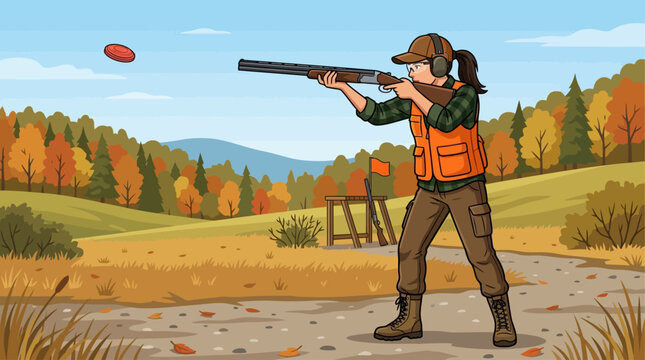 Woman aiming shotgun at a flying clay target during an autumn clay pigeon shooting session.