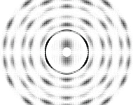 Concentric circular ripples created from a black halftone dot pattern, featuring a central void and fading towards the edges on white