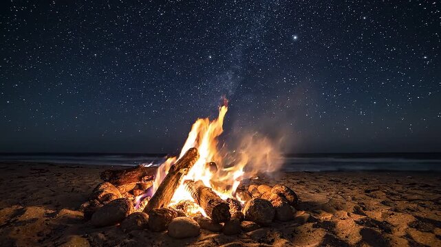 Campfire flames flicker brightly on sandy beach under a starry night sky, surrounded by smooth stones and distant ocean waves creating a serene atmosphere