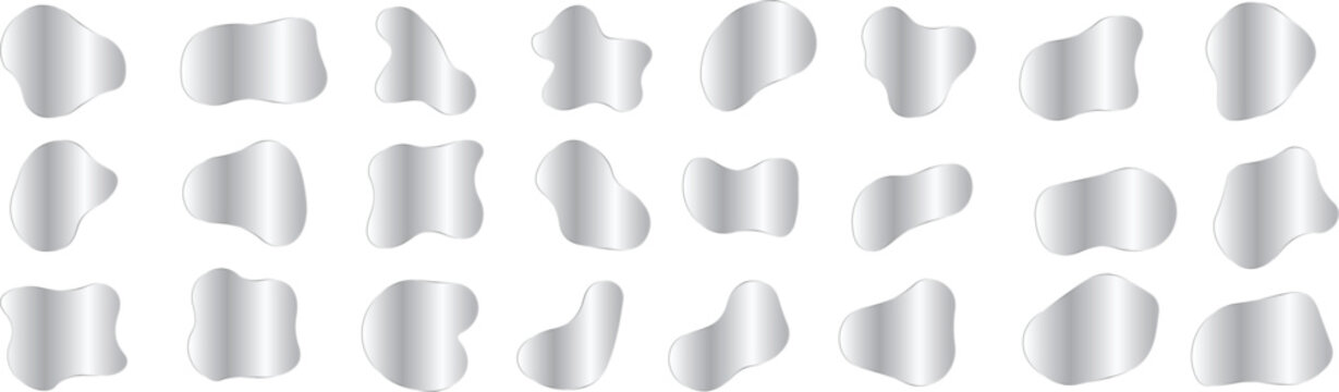 Set of abstract liquid shapes, organic fluid blobs, metallic silver gradient design elements for modern graphic design, banners, posters, and web layouts