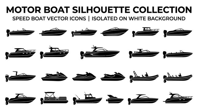 Diverse collection of motor boat, speed boat, and personal watercraft silhouettes as vector icons.