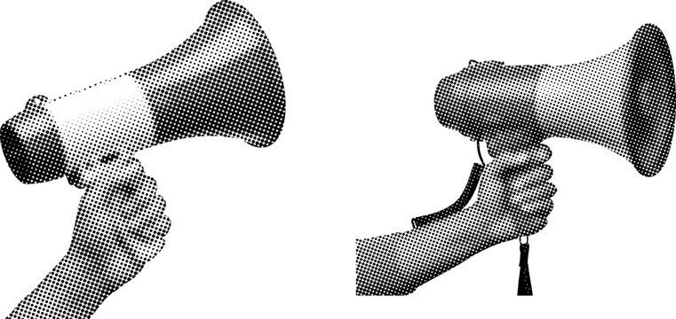 Two hands holding megaphones bullhorn speakers in black and white halftone dotted style announcement public speaking marketing promotion and communication concept isolated on white background