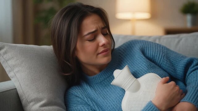 Young woman suffering from stomach pain holding a hot water bottle on sofa
