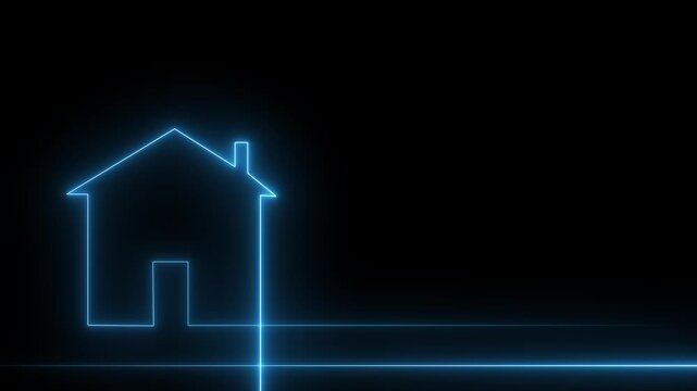 Blue house outline smart living animation glows on dark screen. House outline digital security matrix provides home protection. Smart living animation loops seamlessly.