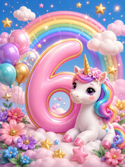 Fototapeta premium Enchanting sixth birthday design featuring a cute unicorn, pastel rainbow, fluffy clouds, balloons, flowers, and a glossy pink number 6. Ideal for girls' birthday invitations, guestbooks, greeting car