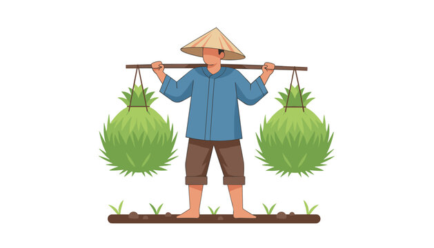 Traditional Asian farmer carrying heavy green harvest baskets on a wooden shoulder pole in a rural agriculture field.