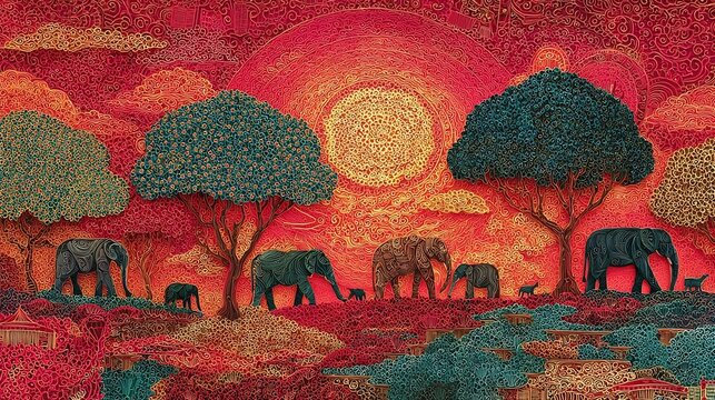 Vibrant paper cut art illustration of elephants walking in African savanna landscape under sunset sun backdrop.