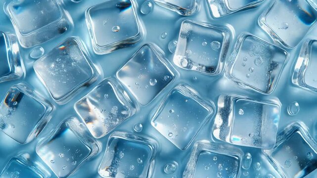 Crystal clear ice cubes background, top view. Light reflections and refractions creating a 