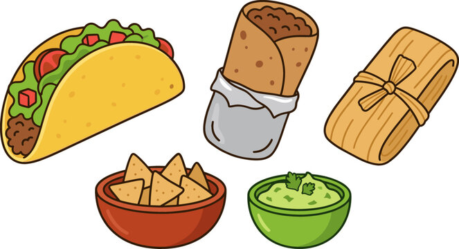 Traditional Mexican Food Vector Illustration Set Featuring Crispy Taco Beef Burrito Corn Tamale Tortilla Nachos Chips and Guacamole Dip for Restaurant Menu Designs
