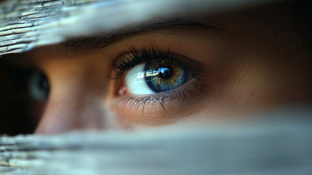 Close up of female eye behind window blind, symbolizing abuse, domestic violence, fear and hidden victim.